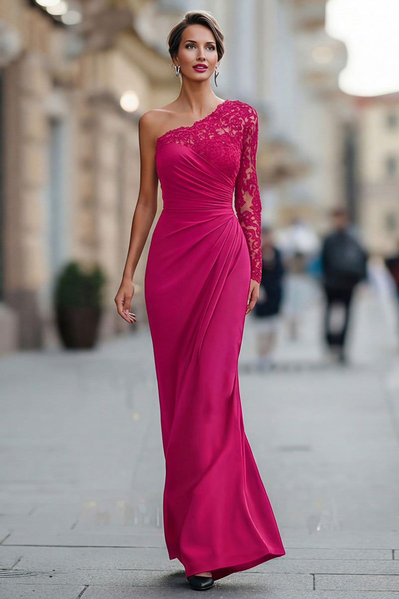 Laden Sie das Bild in den Galerie-Viewer, Schwarzes Einschulteriges Meerjungfrauen Langes Brautmutterkleid mit Spitze
