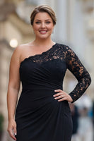 Laden Sie das Bild in den Galerie-Viewer, Schwarzes Einschulter Meerjungfrauen Plus-Size Mutter der Braut Kleid mit Spitze
