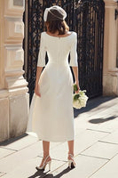 Laden Sie das Bild in den Galerie-Viewer, Elfenbein Meerjungfrauen Midi Standesamtkleid mit U-Boot-Ausschnitt und Ärmeln