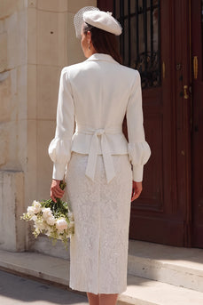 Elfenbein 2-teiliges Midi Standesamtkleid mit gekerbtem Revers und langen Ärmeln