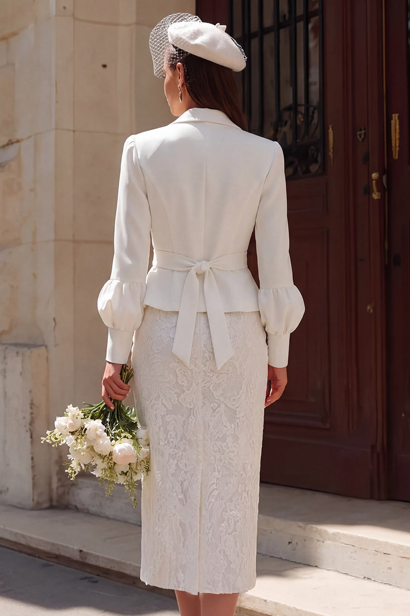 Laden Sie das Bild in den Galerie-Viewer, Elfenbein 2-teiliges Midi Standesamtkleid mit gekerbtem Revers und langen Ärmeln
