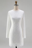 Laden Sie das Bild in den Galerie-Viewer, Vintage Elfenbein Spitze Hochhals Bodycon Kurzes Standesamt Kleid mit Ärmeln