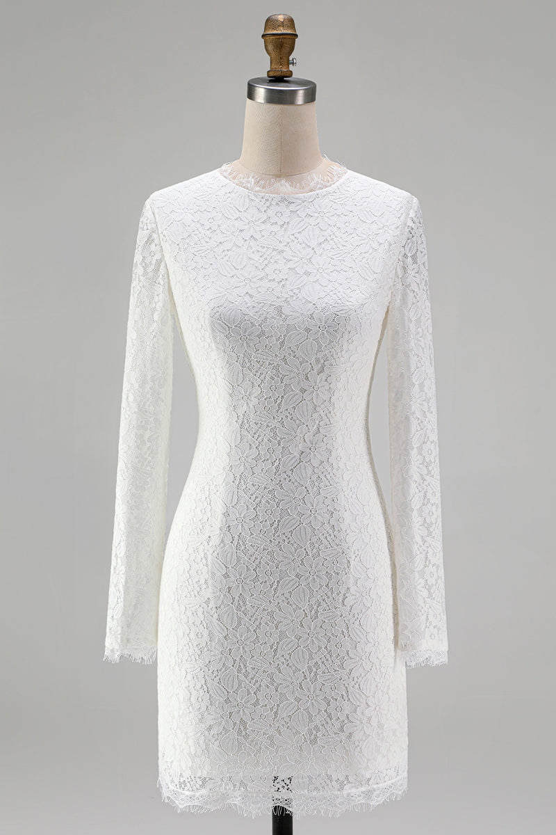 Laden Sie das Bild in den Galerie-Viewer, Vintage Elfenbein Spitze Hochhals Bodycon Kurzes Standesamt Kleid mit Ärmeln