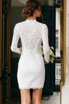 Vintage Elfenbein Spitze Hochhals Bodycon Kurzes Standesamt Kleid mit Ärmeln