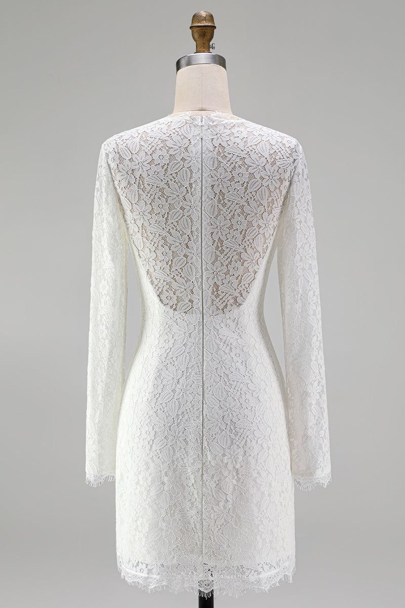 Laden Sie das Bild in den Galerie-Viewer, Vintage Elfenbein Spitze Hochhals Bodycon Kurzes Standesamt Kleid mit Ärmeln