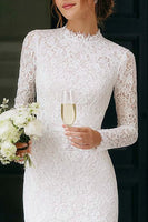 Laden Sie das Bild in den Galerie-Viewer, Vintage Elfenbein Spitze Hochhals Bodycon Kurzes Standesamt Kleid mit Ärmeln