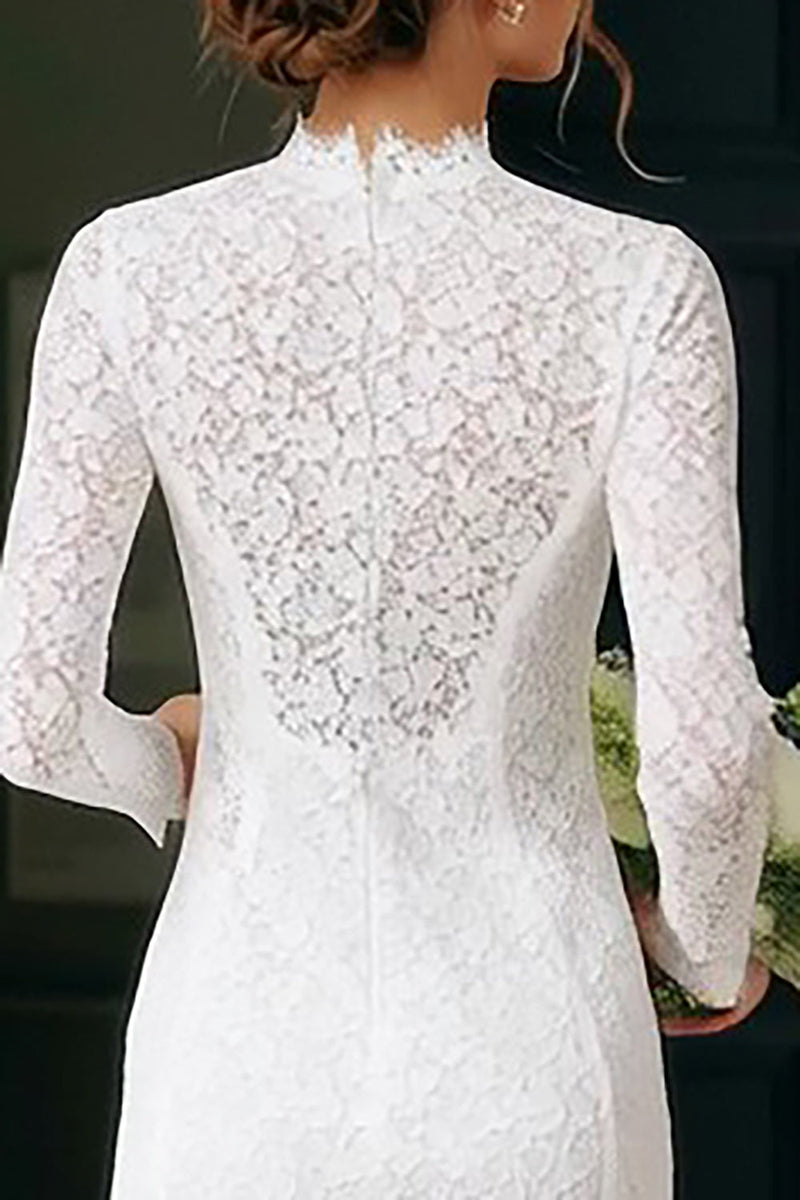 Laden Sie das Bild in den Galerie-Viewer, Vintage Elfenbein Spitze Hochhals Bodycon Kurzes Standesamt Kleid mit Ärmeln