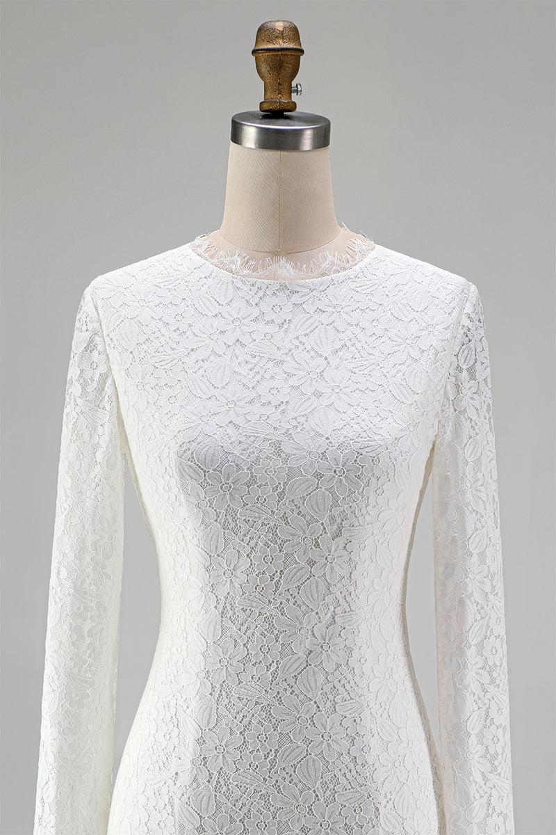 Laden Sie das Bild in den Galerie-Viewer, Vintage Elfenbein Spitze Hochhals Bodycon Kurzes Standesamt Kleid mit Ärmeln