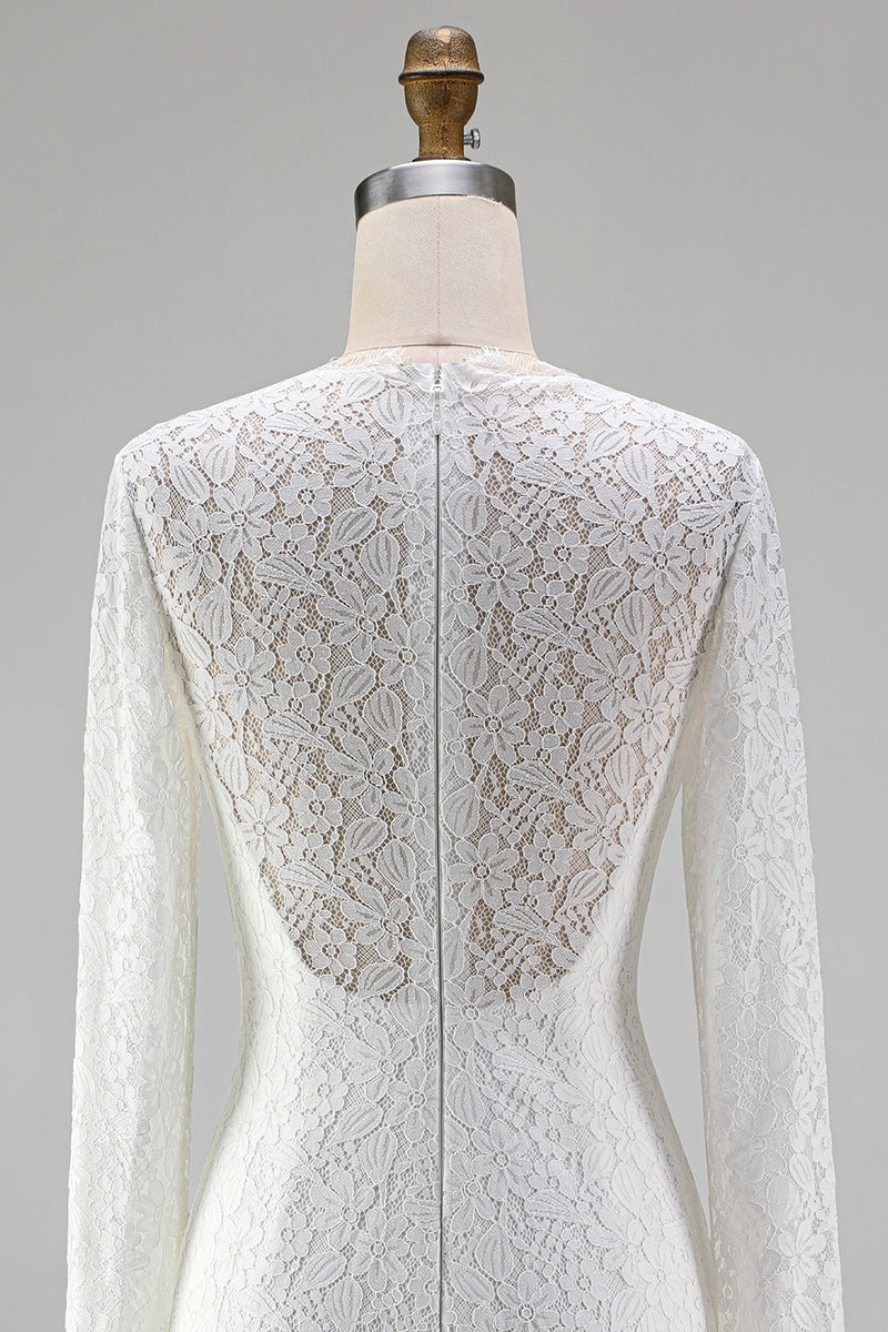 Laden Sie das Bild in den Galerie-Viewer, Vintage Elfenbein Spitze Hochhals Bodycon Kurzes Standesamt Kleid mit Ärmeln