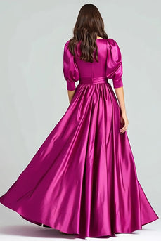 Fuchsia Satin Halbärmel A Linie Langes Ballkleid