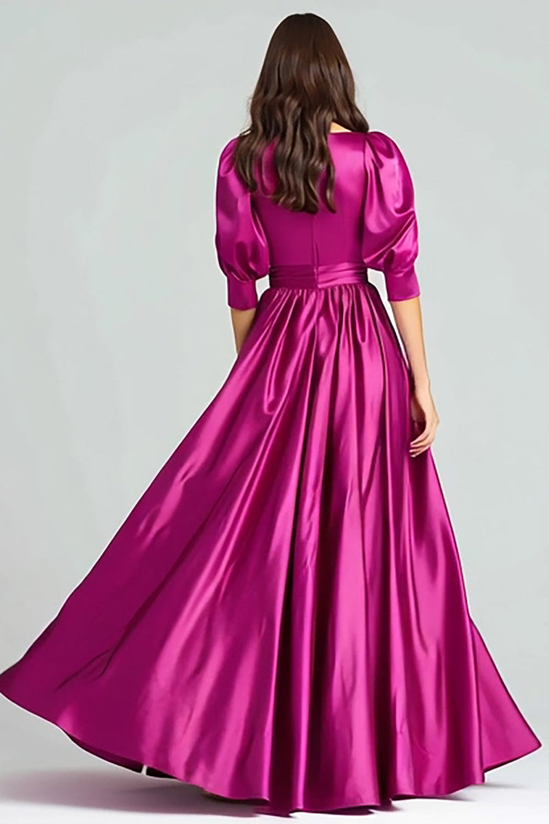 Laden Sie das Bild in den Galerie-Viewer, Fuchsia Satin Halbärmel A Linie Langes Ballkleid