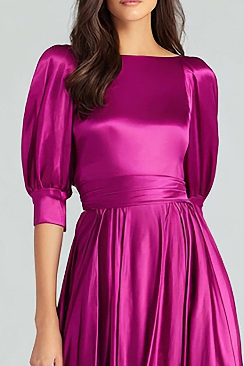 Laden Sie das Bild in den Galerie-Viewer, Fuchsia Satin Halbärmel A Linie Langes Ballkleid