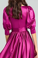 Laden Sie das Bild in den Galerie-Viewer, Fuchsia Satin Halbärmel A Linie Langes Ballkleid