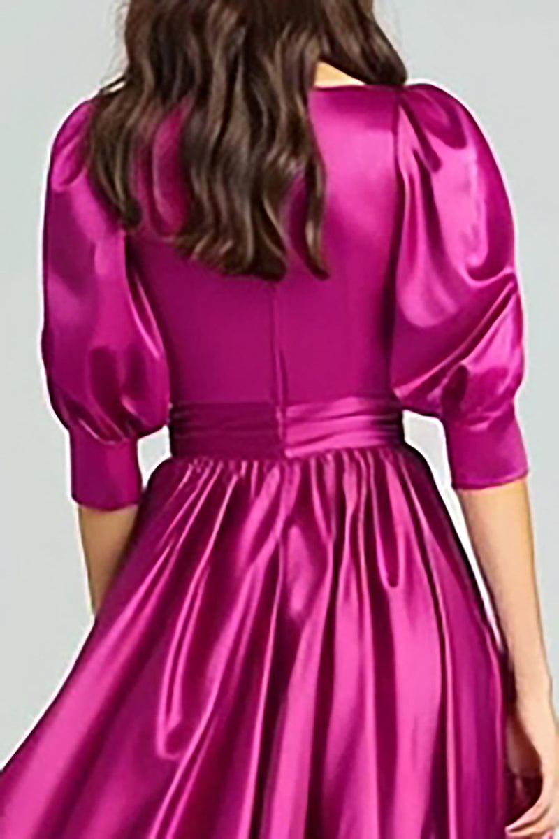 Laden Sie das Bild in den Galerie-Viewer, Fuchsia Satin Halbärmel A Linie Langes Ballkleid