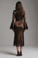 Laden Sie das Bild in den Galerie-Viewer, Kaffee Satin Scheide Spitze Partykleid mit langen Ärmeln