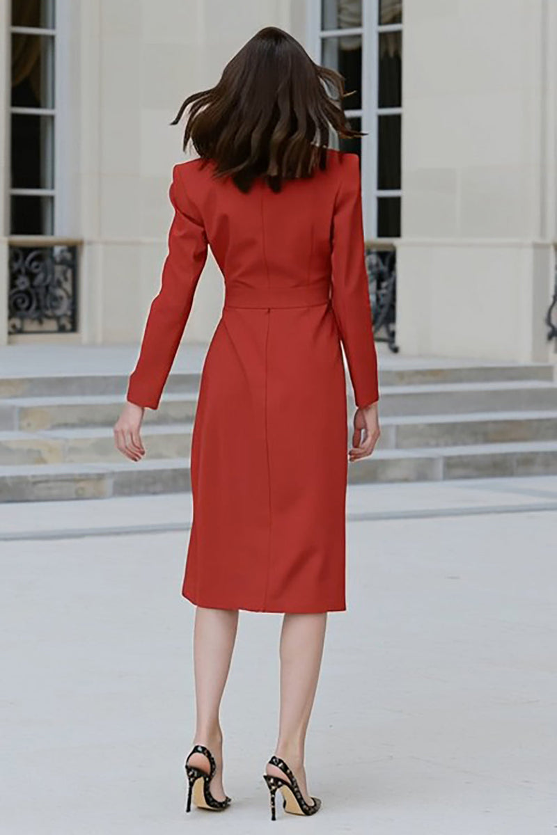 Laden Sie das Bild in den Galerie-Viewer, Rotes Sheath Peak Revers Midi Arbeitskleid mit Schlitz