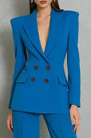 Laden Sie das Bild in den Galerie-Viewer, Blaue Zweiteilige Doppelreihige Peak Revers Damenanzüge
