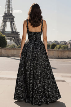 A-Linie Langes Schwarzes Hochzeitsgastkleid mit quadratem Quadrathals und weißen Punkten