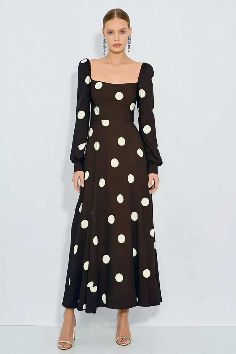 Laden Sie das Bild in den Galerie-Viewer, Braunes und Weißes A-Linie Hochzeitsgastkleid mit langen Ärmeln