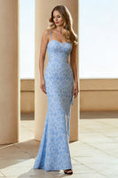 Laden Sie das Bild in den Galerie-Viewer, Blaues Meerjungfrauen Spaghettiträger Langes Blumen Hochzeitsgastkleid