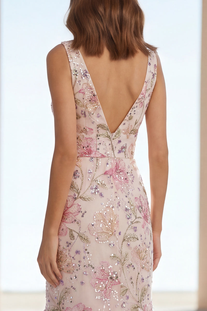 Laden Sie das Bild in den Galerie-Viewer, Rosa Meerjungfrauen Perlen Langes Blumen Hochzeitsgastkleid mit V-Ausschnitt und Rüschen