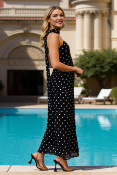 Trägerlose Scheide Schwarze Weiße Punkte Langes Hochzeitsgastkleid mit Girlande