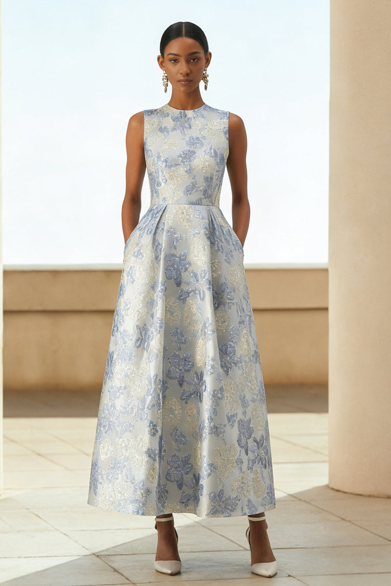 Laden Sie das Bild in den Galerie-Viewer, Staubiges Blaues A-Linie Langes Jacquard Hochzeitsgastkleid mit Blumen und Taschen