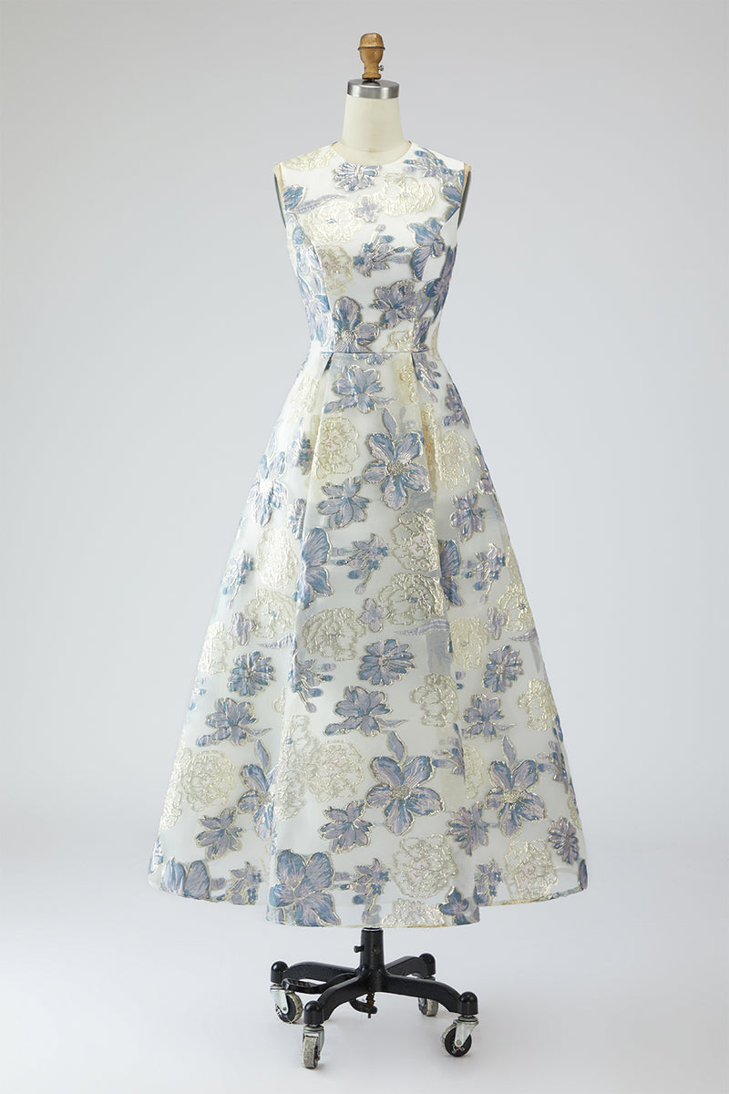 Laden Sie das Bild in den Galerie-Viewer, Staubblaues A-Linie Langes Jacquard Hochzeitsgastkleid mit Blumen und Taschen