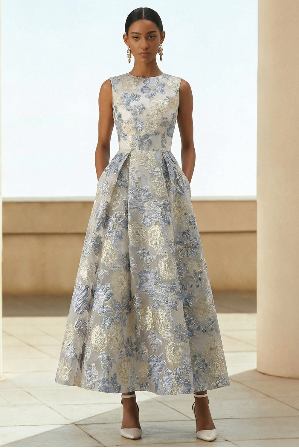 Staubblaues A-Linie Langes Jacquard Hochzeitsgastkleid mit Blumen und Taschen