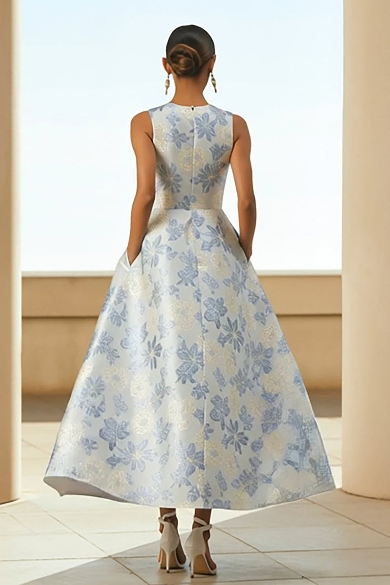 Laden Sie das Bild in den Galerie-Viewer, Staubiges Blaues A-Linie Langes Jacquard Hochzeitsgastkleid mit Blumen und Taschen