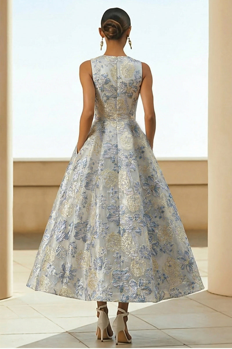 Laden Sie das Bild in den Galerie-Viewer, Staubiges Blaues A-Linie Langes Jacquard Hochzeitsgastkleid mit Blumen und Taschen