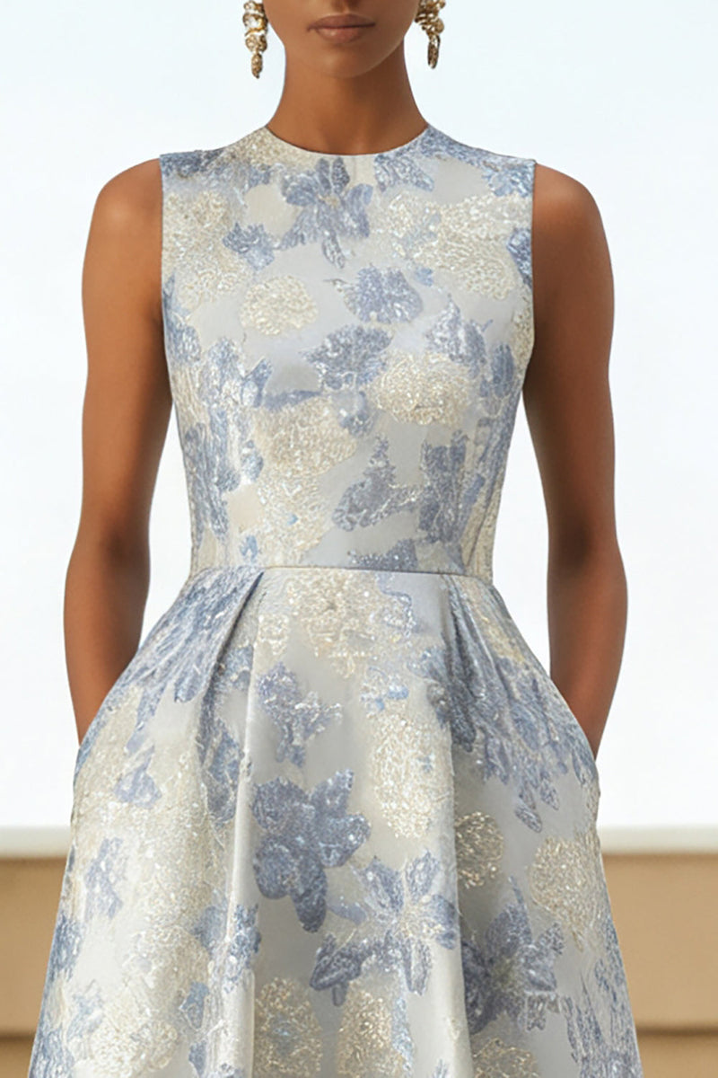Laden Sie das Bild in den Galerie-Viewer, Staubiges Blaues A-Linie Langes Jacquard Hochzeitsgastkleid mit Blumen und Taschen