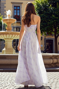 Lila A Linie Trägerloses Langes Geblümtes Chiffon Hochzeitsgastkleid