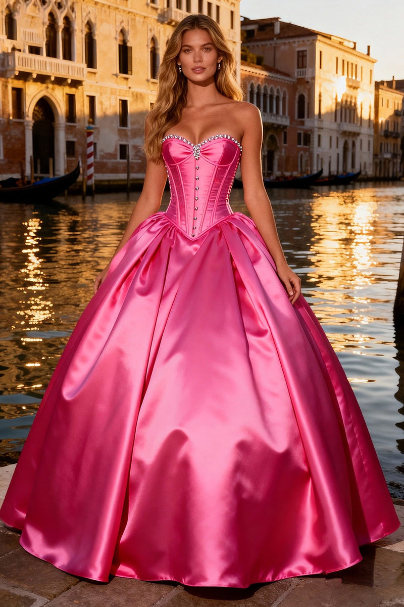 Laden Sie das Bild in den Galerie-Viewer, Trägerloses Korsett Knallpinkes Langes Ballkleid