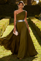 Laden Sie das Bild in den Galerie-Viewer, Eine Schulter Olive A-Linie Chiffon Maxi-Kleid