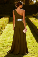 Laden Sie das Bild in den Galerie-Viewer, Eine Schulter Olive A-Linie Chiffon Maxi-Kleid