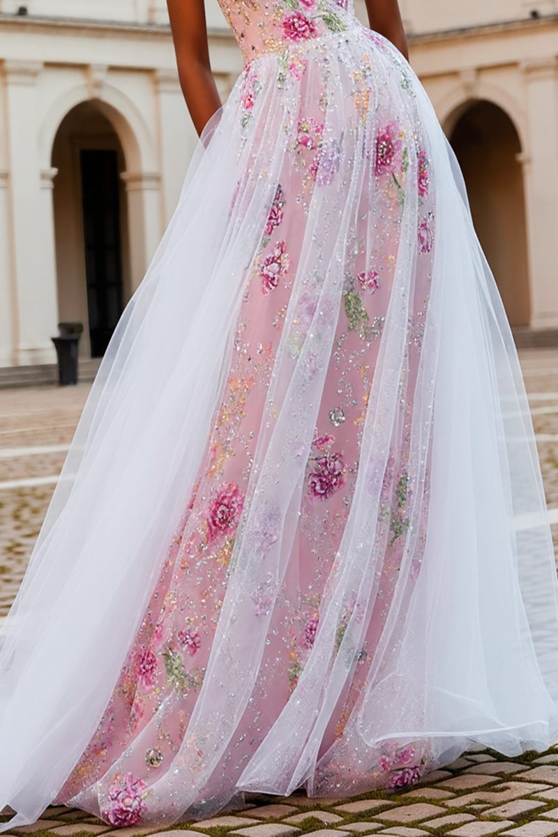 Laden Sie das Bild in den Galerie-Viewer, Funkelndes Rosa Geblümtes Trägerloses A-Linie Ballkleid mit Perlen