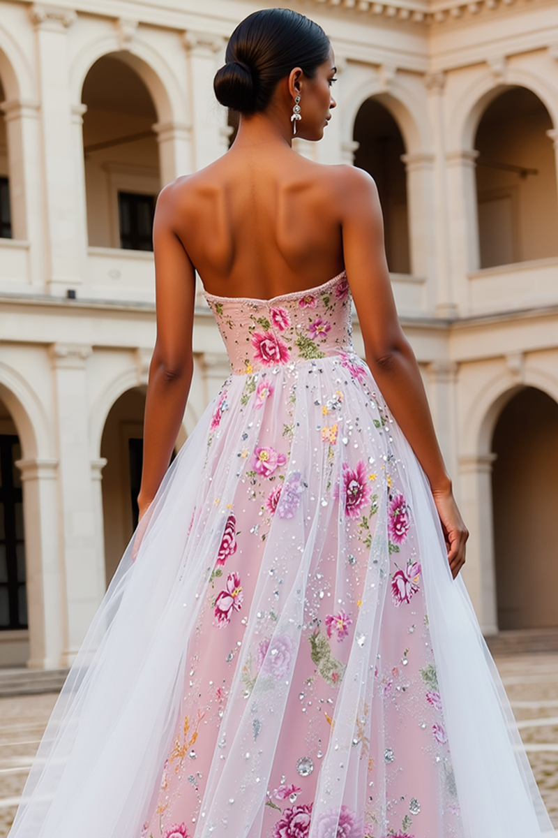 Laden Sie das Bild in den Galerie-Viewer, Funkelndes Rosa Geblümtes Trägerloses A-Linie Ballkleid mit Perlen