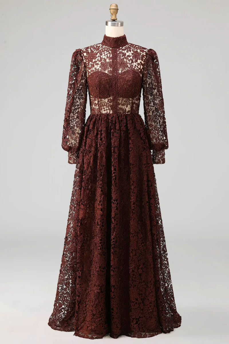 Laden Sie das Bild in den Galerie-Viewer, Schwarzes Langärmeliges Spitze Abendkleid mit hohem Ausschnitt und Taschen