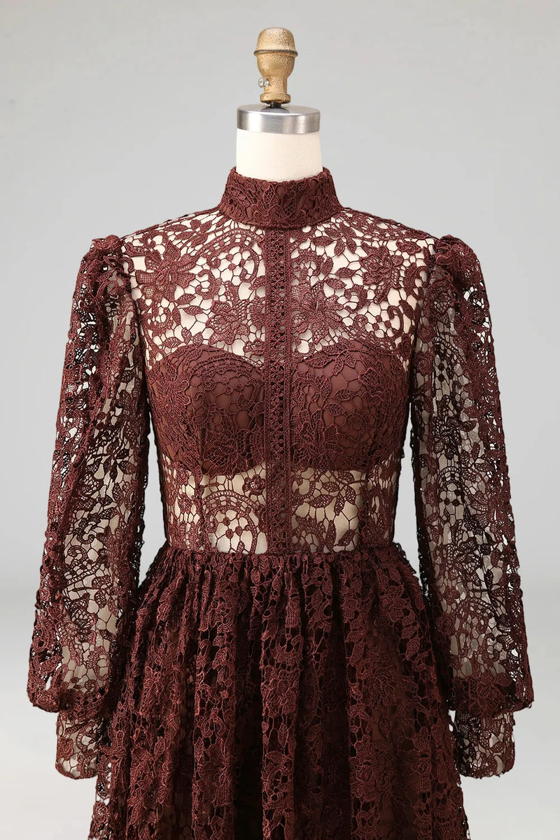 Laden Sie das Bild in den Galerie-Viewer, Schwarzes Langärmeliges Spitze Abendkleid mit hohem Ausschnitt und Taschen