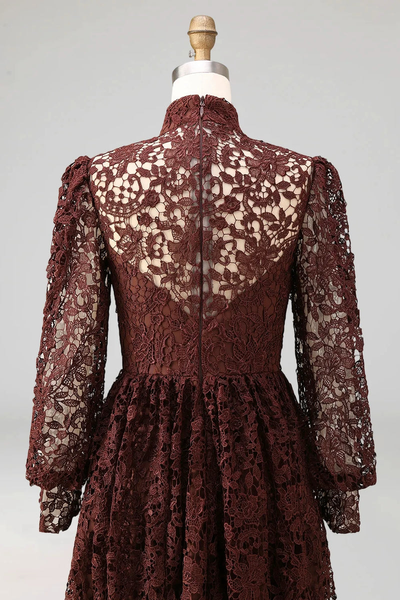 Laden Sie das Bild in den Galerie-Viewer, Schwarzes Langärmeliges Spitze Abendkleid mit hohem Ausschnitt und Taschen