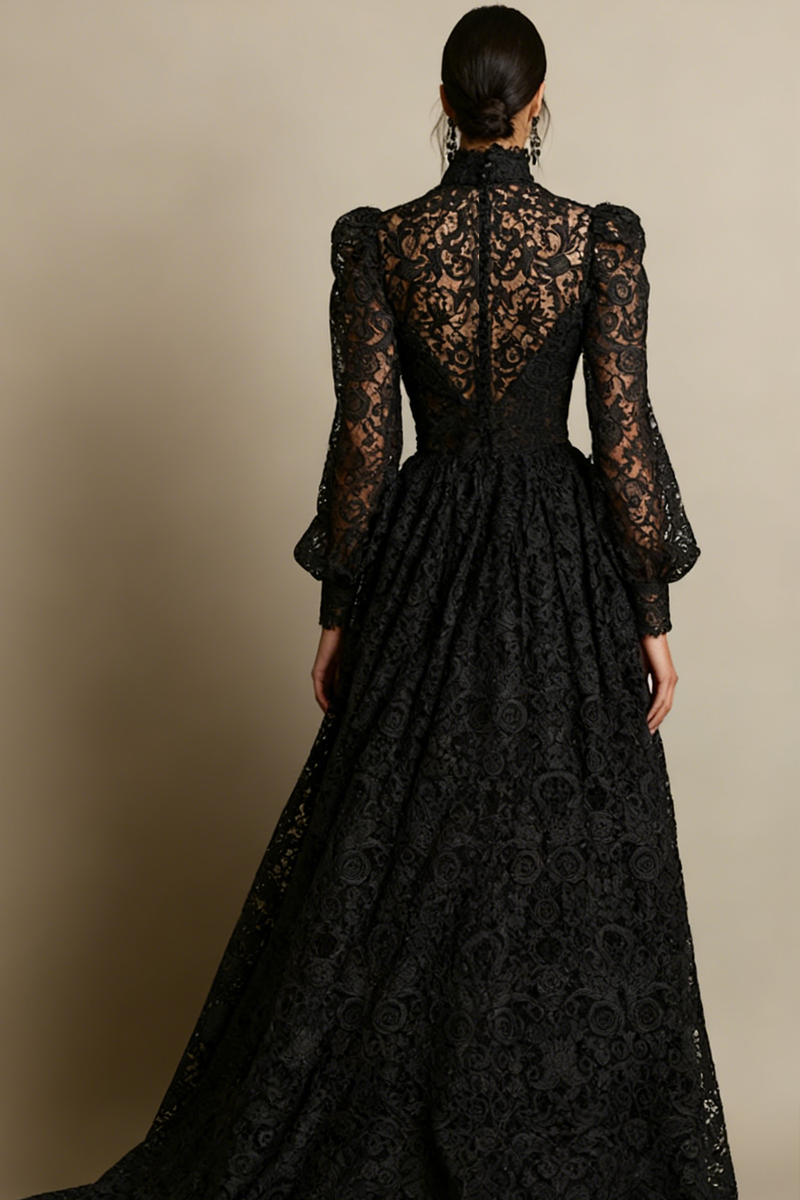 Laden Sie das Bild in den Galerie-Viewer, Schwarzes Langärmeliges Spitze Abendkleid mit hohem Ausschnitt und Taschen
