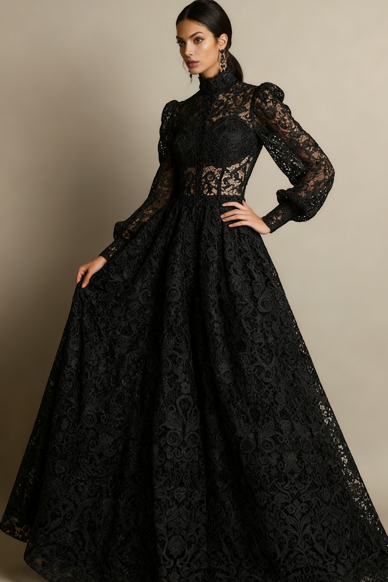 Laden Sie das Bild in den Galerie-Viewer, Schwarzes Langärmeliges Spitze Abendkleid mit hohem Ausschnitt und Taschen