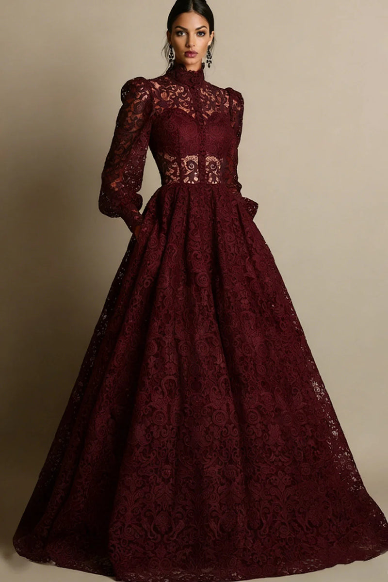 Laden Sie das Bild in den Galerie-Viewer, Schwarzes Langärmeliges Spitze Abendkleid mit hohem Ausschnitt und Taschen