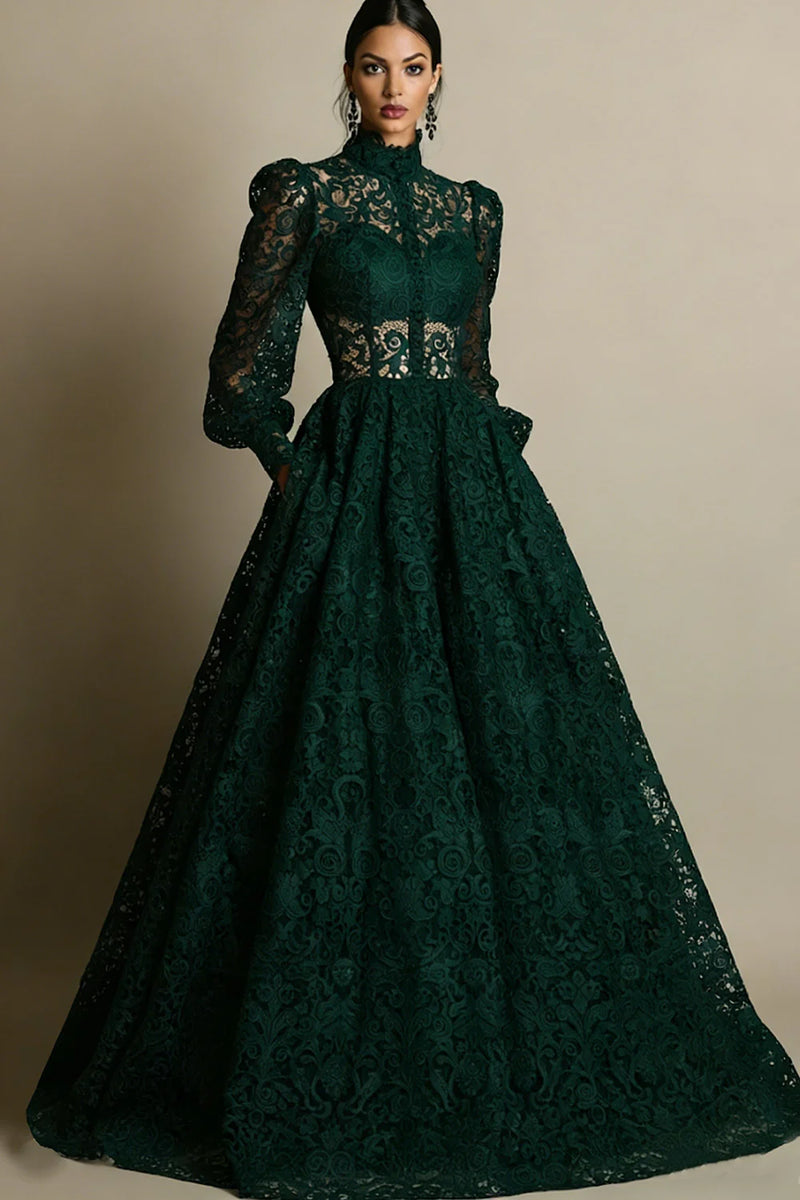 Laden Sie das Bild in den Galerie-Viewer, Schwarzes Langärmeliges Spitze Abendkleid mit hohem Ausschnitt und Taschen