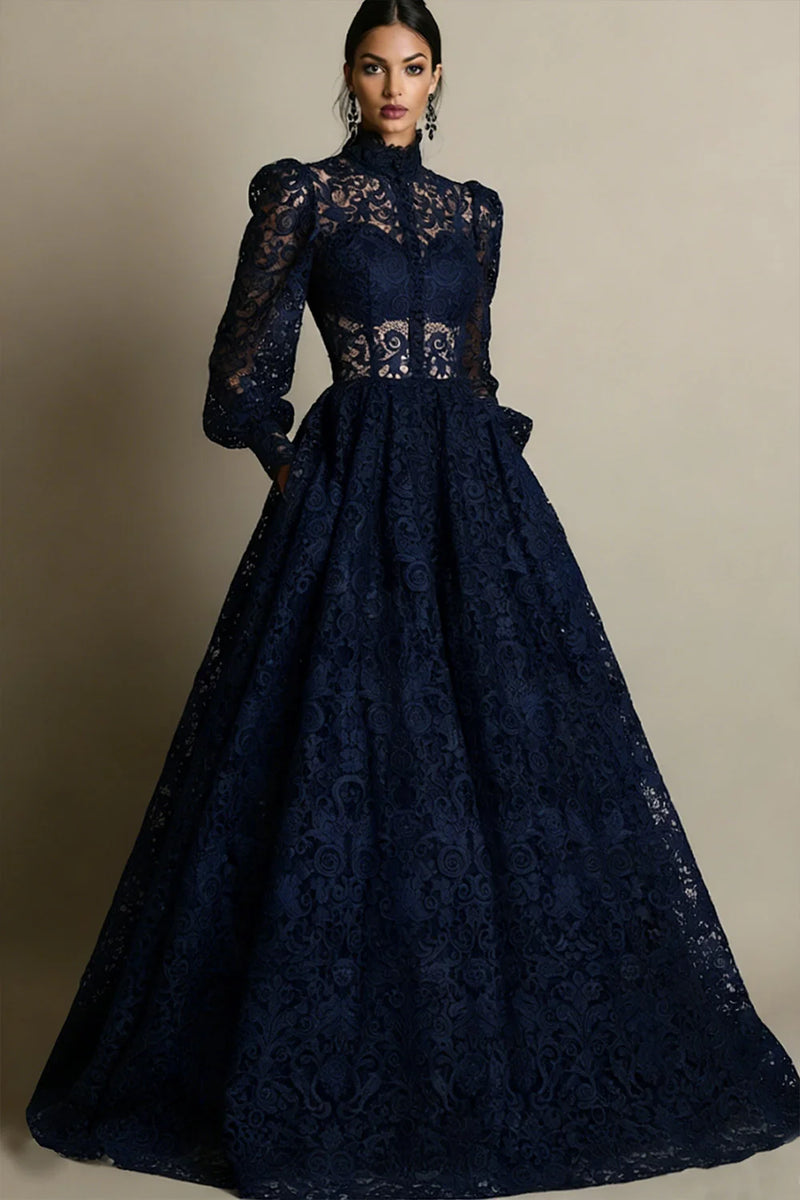 Laden Sie das Bild in den Galerie-Viewer, Schwarzes Langärmeliges Spitze Abendkleid mit hohem Ausschnitt und Taschen
