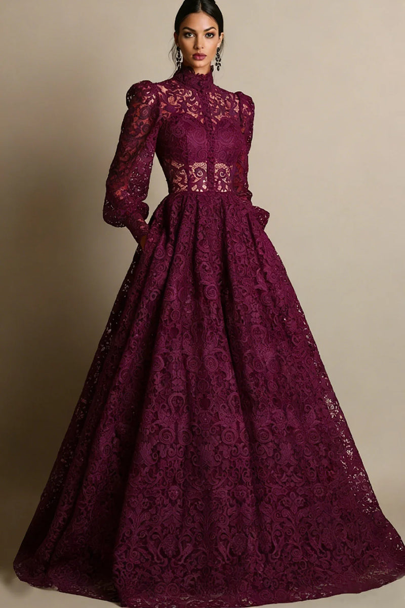 Laden Sie das Bild in den Galerie-Viewer, Schwarzes Langärmeliges Spitze Abendkleid mit hohem Ausschnitt und Taschen