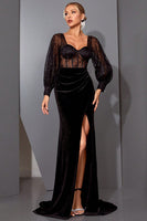 Laden Sie das Bild in den Galerie-Viewer, Schwarzes Spitze Meerjungfrauen Korsett Langes Abendkleid mit Schlitz