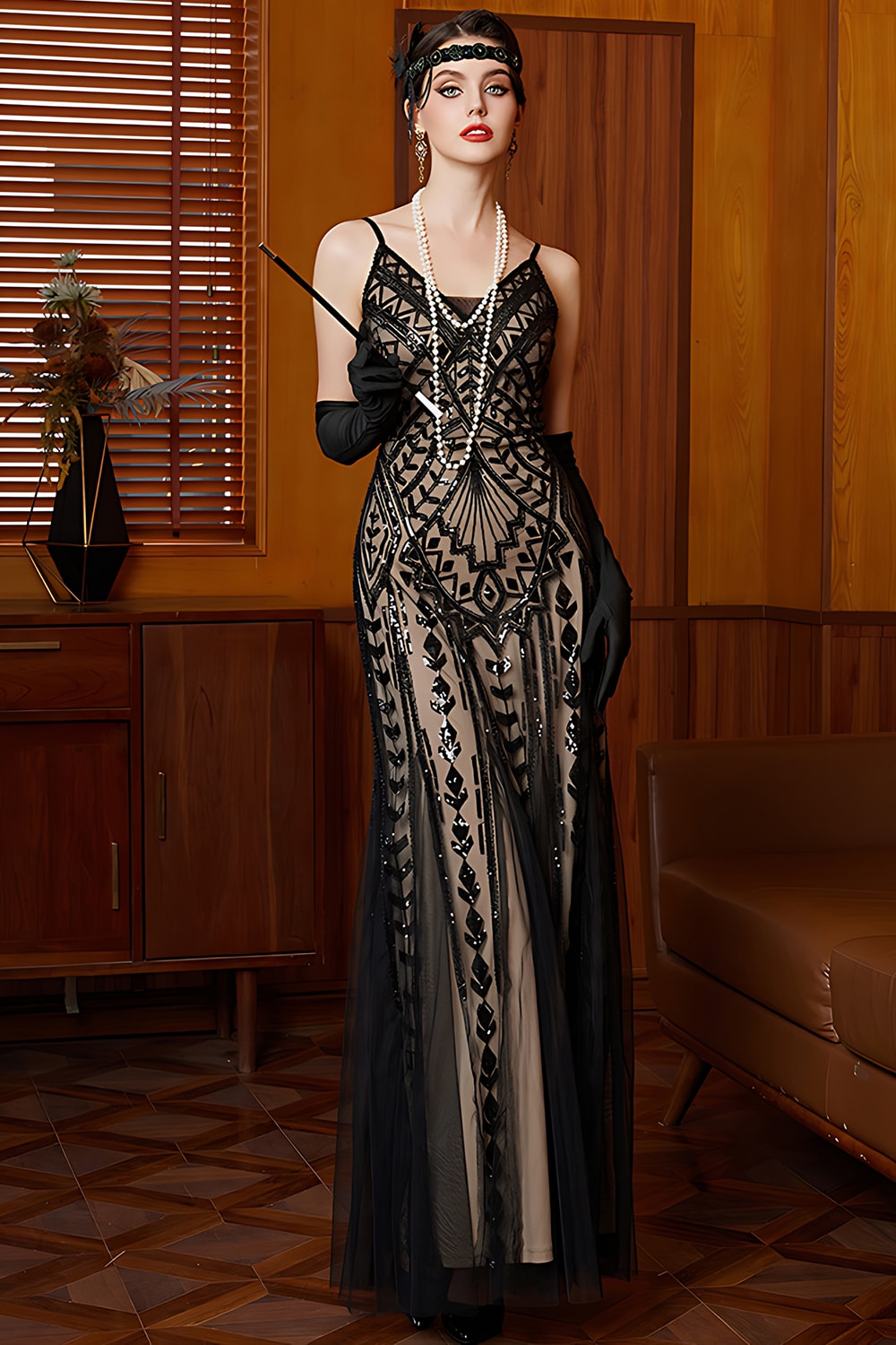 Glitzerndes Schwarzes Aprikosen Scheiden Spaghetti-Träger Langes 20er Jahre Kleid mit Pailletten