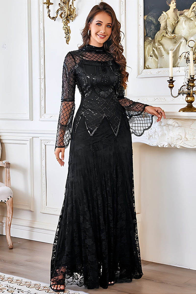 Laden Sie das Bild in den Galerie-Viewer, Schwarzes Spitze Perlenbesetztes Langarm Mutter der Braut Kleid